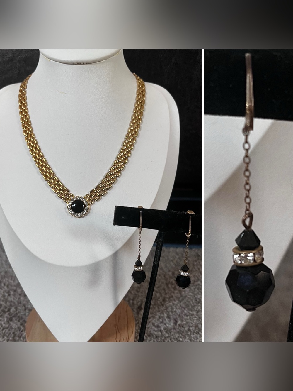 Vintage Gold-Tone Necklace and Black Crystal Drop clip on Earring Set